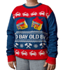 A person wears a festive blue and red holiday sweater featuring the iconic yellow tins and logo of Old Bay seasoning alongside white crab and mallet patterns.