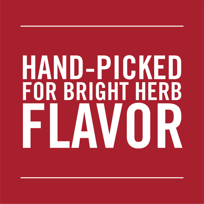 A white text on a red background that says Hand-Picked for Bright Herb Flavor