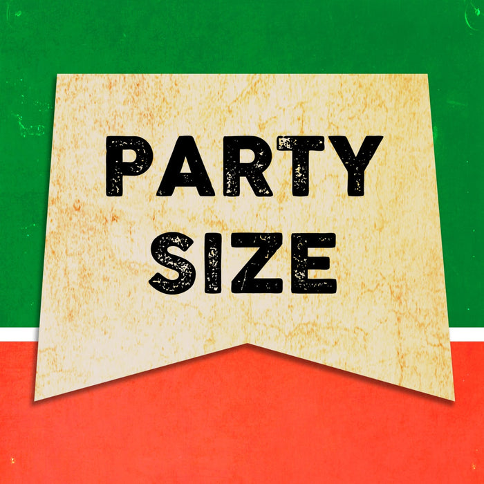 A vintage-style sign with the words Party Size in black letters on a yellow background.