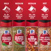 McCormick brand offers a range of crushed chili peppers with varying heat levels, from mild to hot, indicated by Scoville units and illustrated with chili pepper icons.
