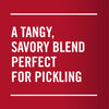 A white text on a red background reads, A tangy, savory blend perfect for pickling.