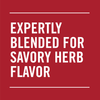 White text on a red background reads Expertly Blended for Savory Herb Flavor.