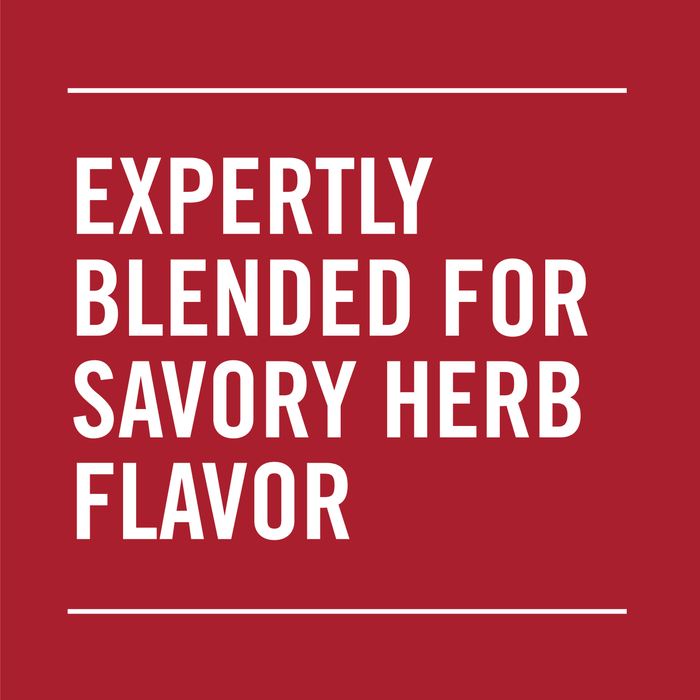 White text on a red background reads Expertly Blended for Savory Herb Flavor.
