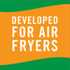 A logo with the text Developed for Air Fryers in white on an orange background with green curved lines at the top and bottom.