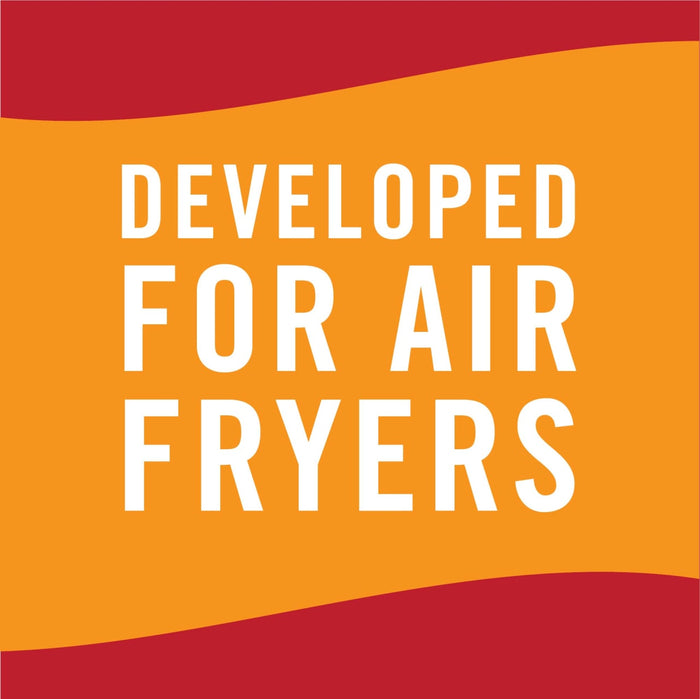 A logo with the text Developed for Air Fryers in white on an orange background with a red border.