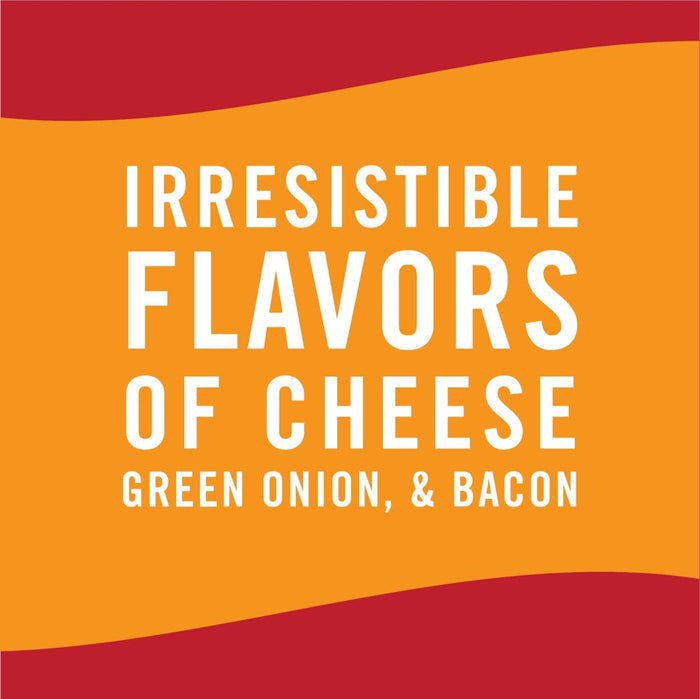 A graphic with the text Irresistible Flavors of Cheese Green Onion, &amp; Bacon