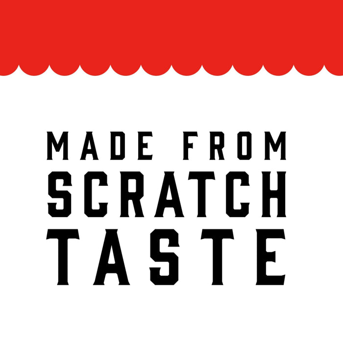 A black and white graphic with the text MADE FROM SCRATCH TASTE in bold letters.