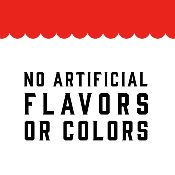 A white background with a red scalloped border and the text NO ARTIFICIAL FLAVORS OR COLORS in black.