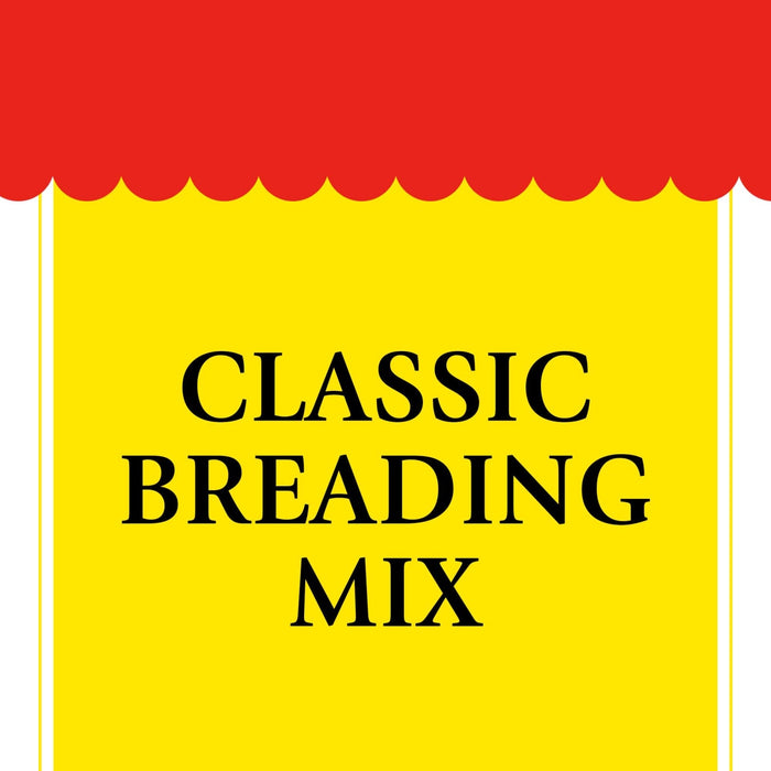 A yellow sign with red scalloped top that says Classic Bread Mix.