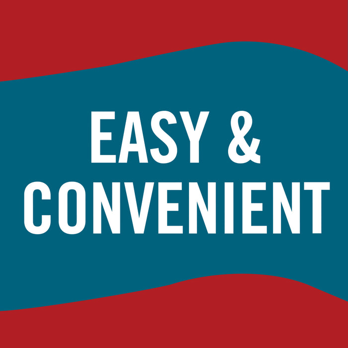 ['A teal and red graphic with the text EASY &amp; CONVENIENT in white.']