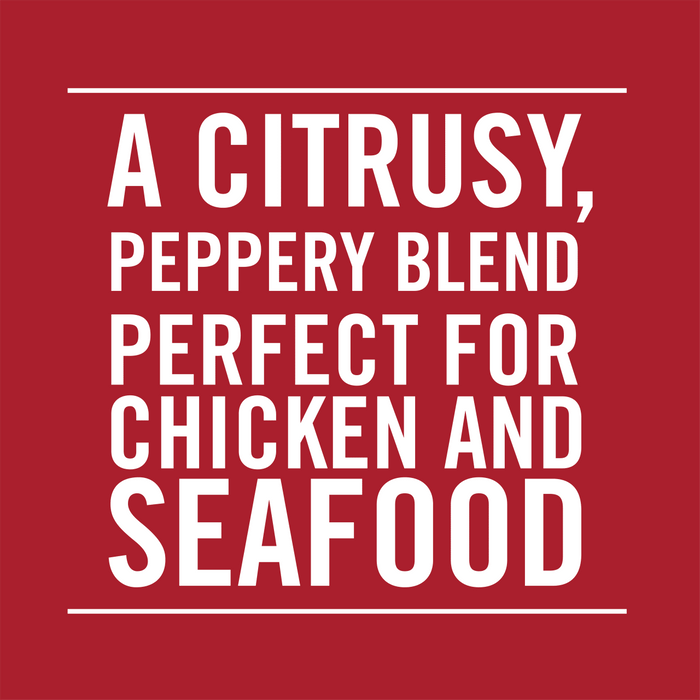 A white text on a red background that reads, A citrusy, peppery blend perfect for chicken and seafood.