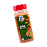 Seasoning jar labeled 'Salad Supreme' with a red lid on a white background