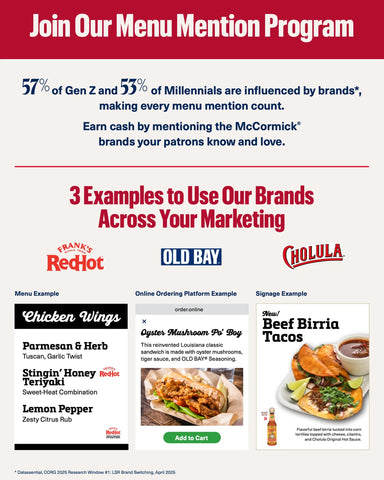 Promotional flyer for McCormick's menu mention program with brand examples and statistics.