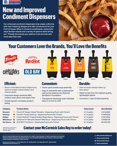 Advertisement for New and Improved Condiment Dispensers with images of French's, RedHot, Cattlemen's, and Old Bay products.
