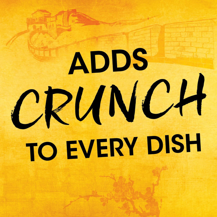 An illustration of a wall with the text ADDS CRUNCH TO EVERY DISH on a yellow background.