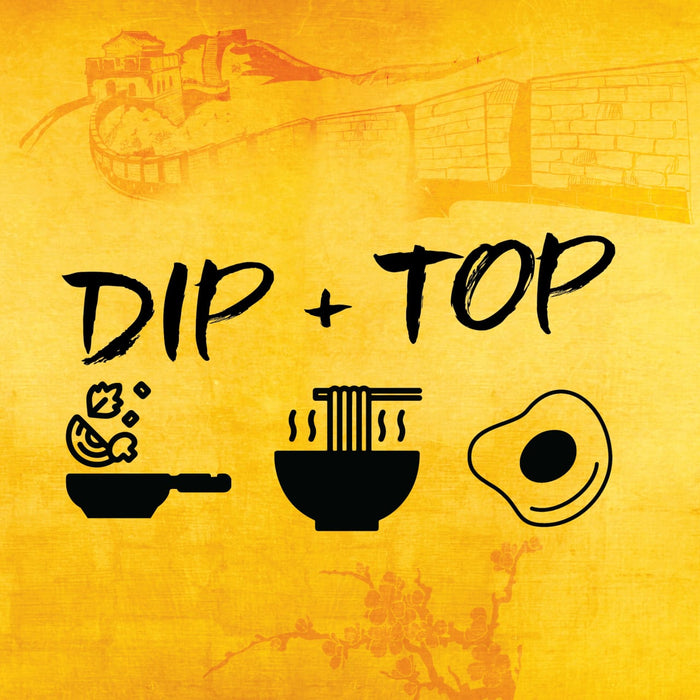 An illustration of a bowl of noodles, a fried egg, and a pan of food with the words Dip + Top above.