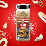 Bottle of Classic Smash Seasoning with grill-related graphics on a red background