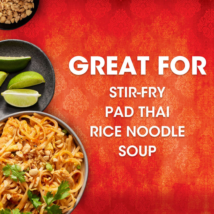 This image promotes the use of a product for stir-fry, pad thai, rice noodle, and soup dishes.