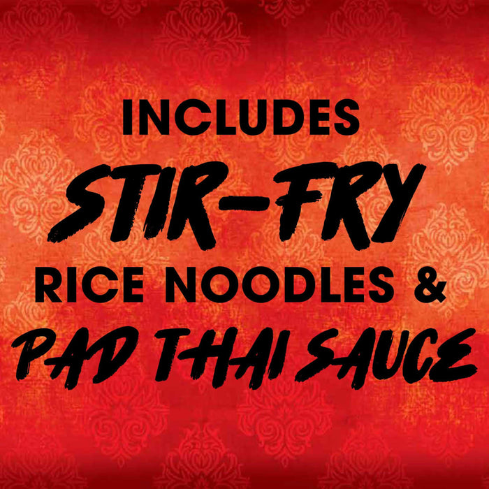 Text on a red background with a floral pattern that reads Includes Stir-Fry, Rice Noodles &amp; Pad Thai Sauce.