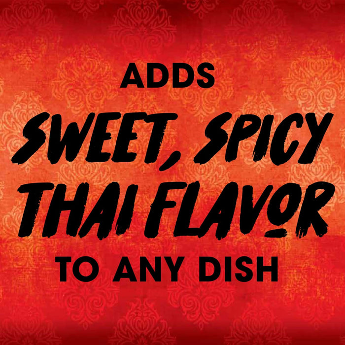 A graphic with black text on a red background that says Adds sweet, spicy Thai flavor to any dish.