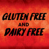 A red background with the text Gluten Free and Dairy Free in black.