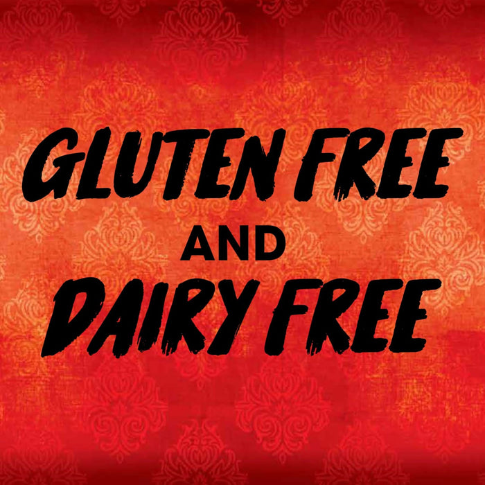 A red background with the text Gluten Free and Dairy Free in black.