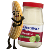 Corn on the cob with animated arms and legs next to a jar of McCormick mayonnaise.