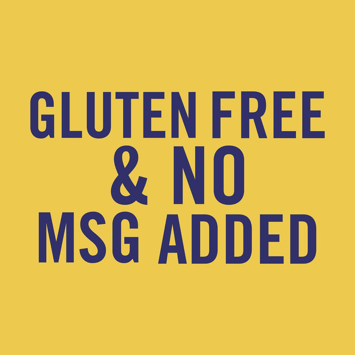 A yellow background with the text Gluten Free &amp; No MSG Added in blue.