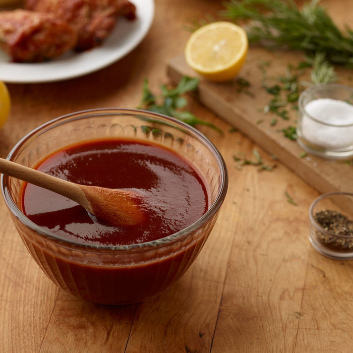 A bowl of barbecue sauce with a wooden spoon in it, next to a plate of chicken and a cutting board with lemons, herbs, and spices.