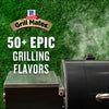An advertisement for Mccormick Grill Mates Gm Bourbon &amp; Oak 3.37 Oz, showcasing the Grill Mates logo and the phrase 50+ EPIC GRILLING FLAVORS above a smoking black grill on a green background.