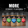 Five McCormick Grill Mates seasoning bottles, featuring Smokehouse Maple, Roasted Garlic &amp; Herb, Montreal Steak, Montreal Chicken, and Hamburger, are displayed under the text 'MORE ICONIC FLAVORS', representing the diverse range that includes Mccormick Grill Mates Gm Bourbon &amp; Oak 3.37 Oz.