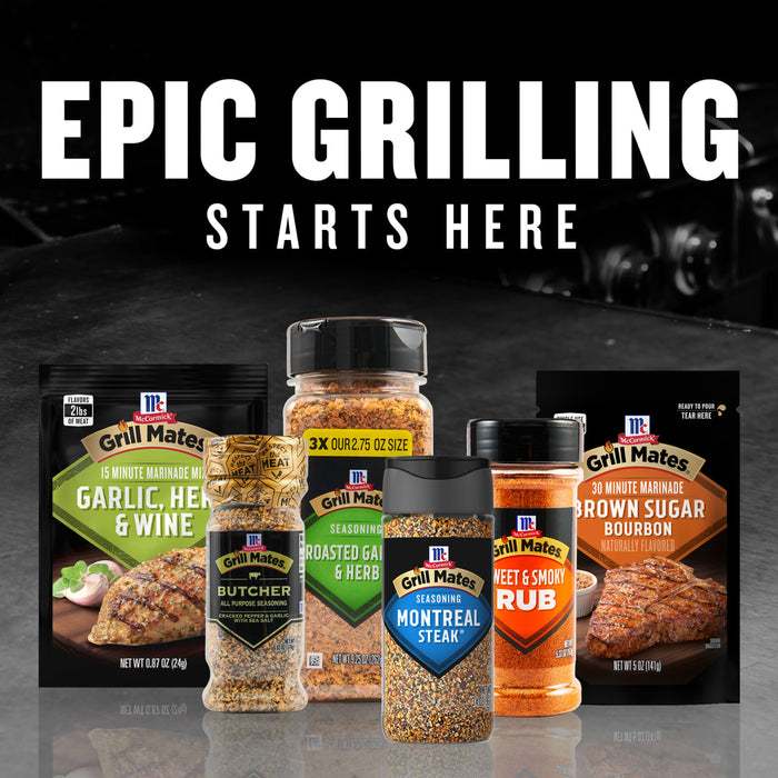 The text 'EPIC GRILLING STARTS HERE' is displayed above a collection of McCormick Grill Mates marinades and seasonings, including Garlic, Herb &amp; Wine, Montreal Steak, and Brown Sugar Bourbon, showcasing the brand's diverse offerings like Mccormick Grill Mates Gm Bourbon &amp; Oak 3.37 Oz.