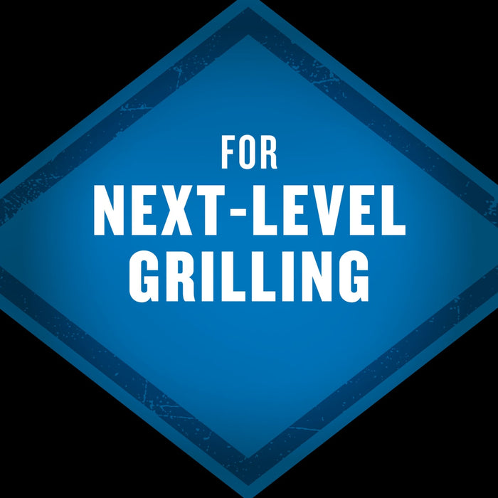 A blue badge with the text For Next-Level Grilling.