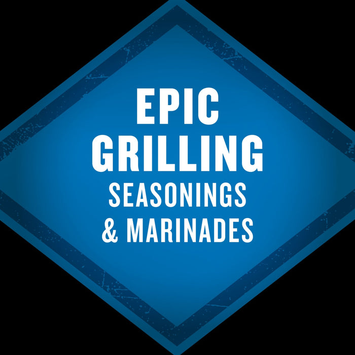 A blue diamond-shaped graphic with the text 'EPIC GRILLING SEASONINGS &amp; MARINADES' representing Mccormick Grill Mates Gm Bourbon &amp; Oak 3.37 Oz