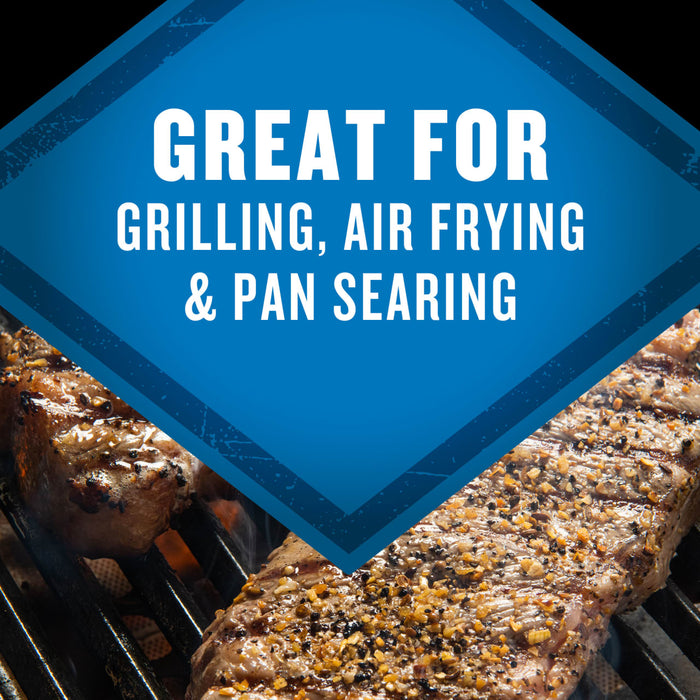 Two seasoned steaks are grilling, illustrating the versatility of Mccormick Grill Mates Gm Bourbon &amp; Oak 3.37 Oz which is great for grilling, air frying, and pan searing.