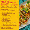 This image shows a recipe for Fish Tacos with Black Bean and Corn Salsa, featuring Cholula hot sauce and McCormick spices.