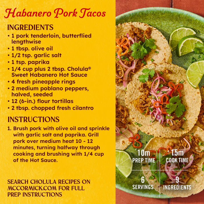 Habanero Pork Tacos recipe card featuring Cholula Sweet Habanero Hot Sauce.