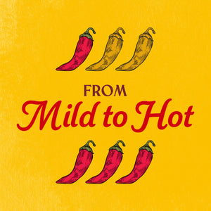 Illustration showing a range of chili peppers, from yellow to red, representing a spice level from mild to hot.