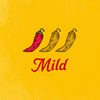 Illustration of three chili peppers, one red and two yellow, indicating a mild spice level.