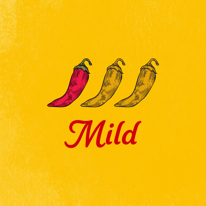 Illustration of three chili peppers, one red and two yellow, indicating a mild spice level.