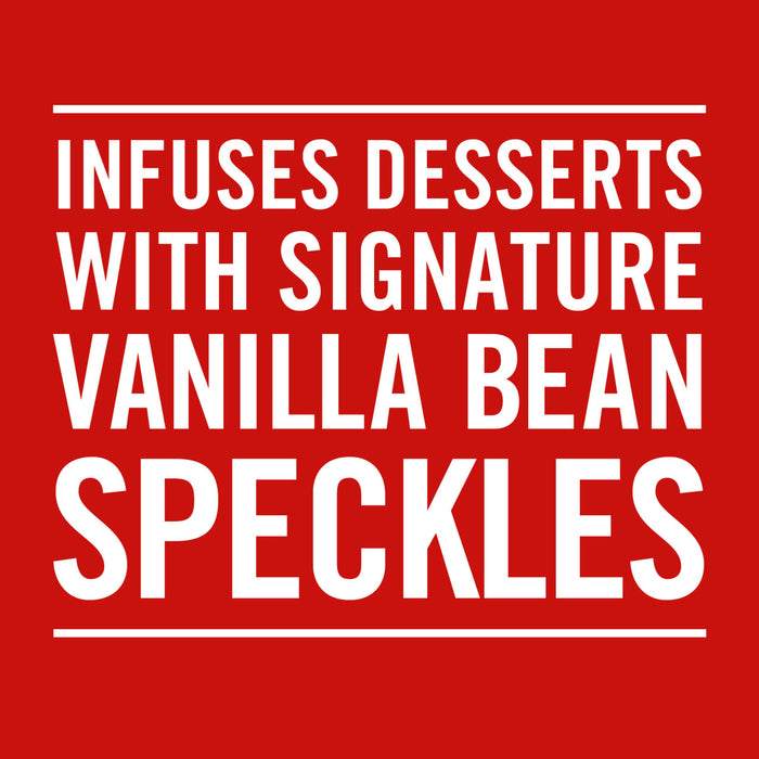 White text on a red background that reads Infuses desserts with signature vanilla bean speckles.