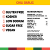 Nutrition facts label for Chili Garlic with a list of ingredients and a statement that it is gluten free, kosher, low sodium, sugar free and vegan.