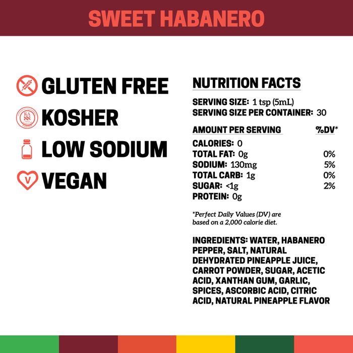 Nutrition facts label for Sweet Habanero with a list of ingredients and nutritional information.