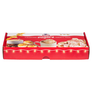 A festive red and white McCormick Finishing Sugars Variety Pack box belonging to the Dtc Bundle Images Created By Cpgio featuring holiday treats like peppermint bark and topped coffee drinks.