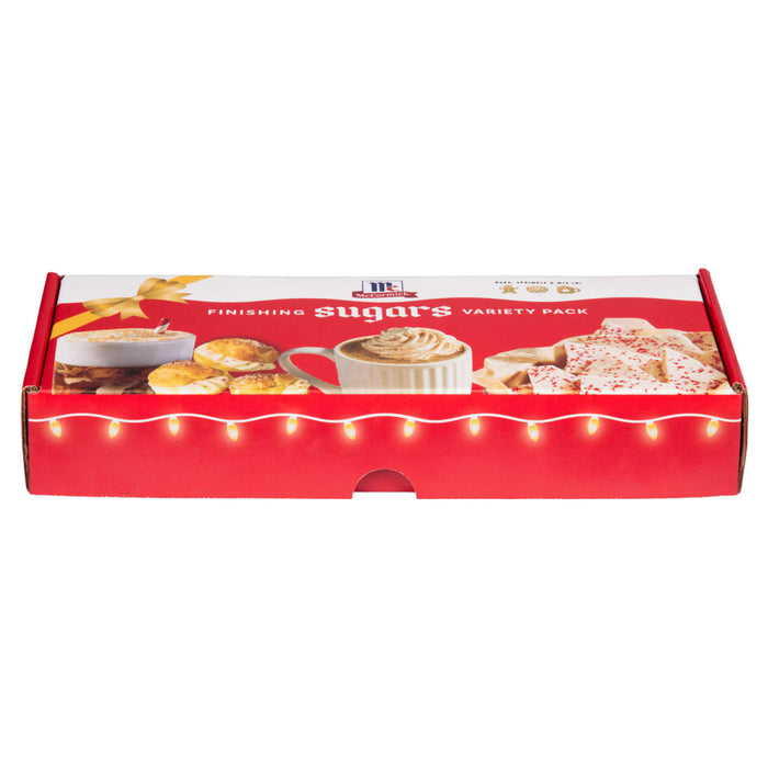 A festive red and white McCormick Finishing Sugars Variety Pack box belonging to the Dtc Bundle Images Created By Cpgio featuring holiday treats like peppermint bark and topped coffee drinks.
