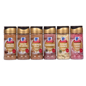 A lineup of six McCormick Limited Edition Finishing Sugars including English Toffee, Dulce De Leche, Pumpkin Spice, Cranberry, Sugar Cookie, and Candy Cane flavors from the Dtc Bundle Images Created By Cpgio.
