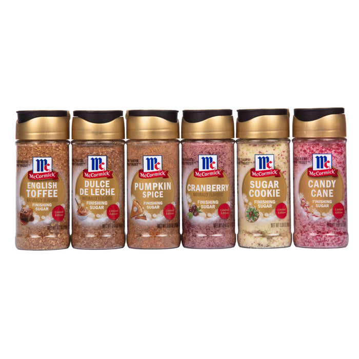 A lineup of six McCormick Limited Edition Finishing Sugars including English Toffee, Dulce De Leche, Pumpkin Spice, Cranberry, Sugar Cookie, and Candy Cane flavors from the Dtc Bundle Images Created By Cpgio.