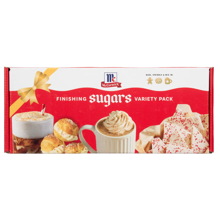 A festive red and white box of McCormick Finishing Sugars Variety Pack belonging to the Dtc Bundle Images Created By Cpgio featuring illustrations of decorated coffee drinks and pastries.