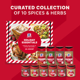 A graphic illustration featuring a red background with white text inviting viewers to visit mccormick.com for festive recipes and seasonal inspiration as part of the Mccormick Holiday Essentials Spices And Herbs 10 Count Variety Pack, 8.84 Oz collection.