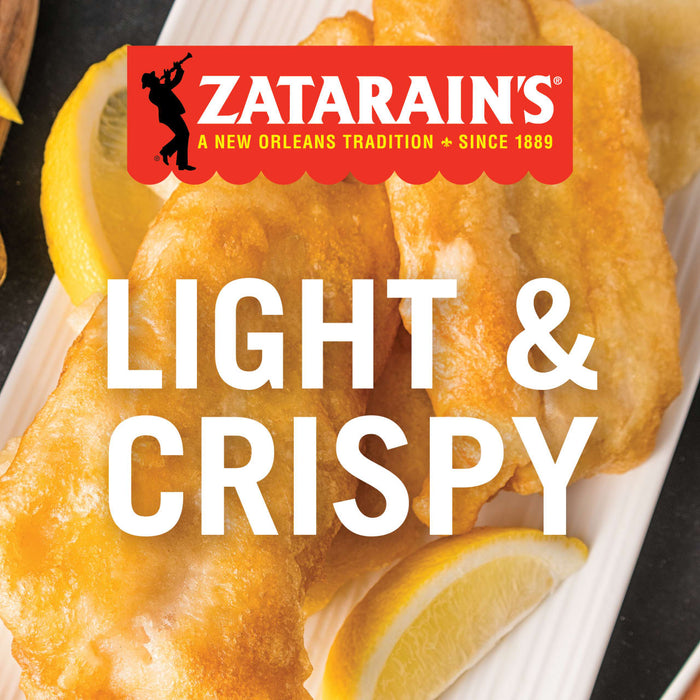 Zatarains brand logo with a tagline A New Orleans Tradition Since 1889 and a picture of fried fish with lemon wedges.